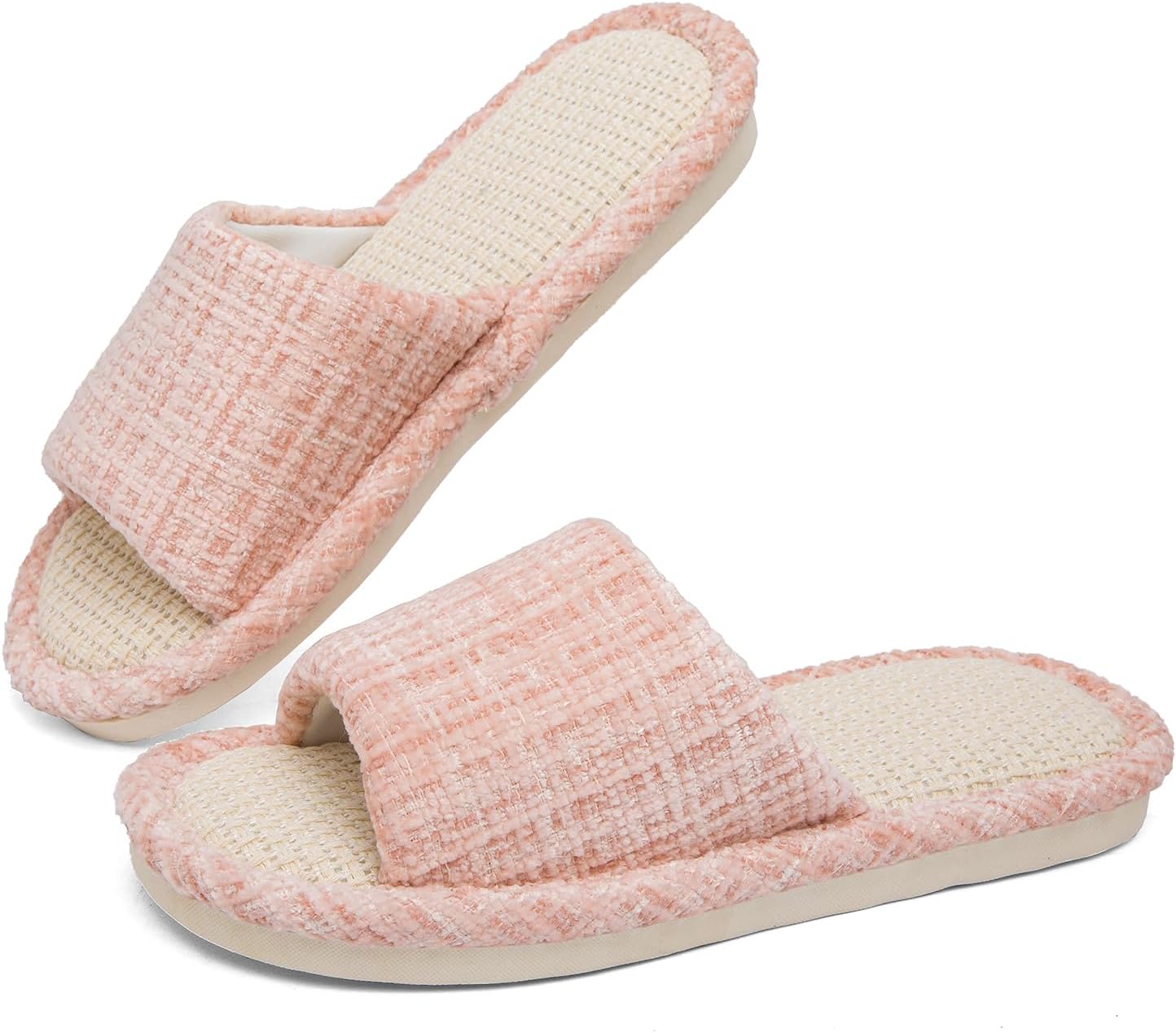 

Льняные домашние тапочки с открытым носком, мягкие и бесшумные для пары, повседневные удобные дышащие нескользящие тапочки для дома и улицы для мужчин и женщин Muqgaop, розовый