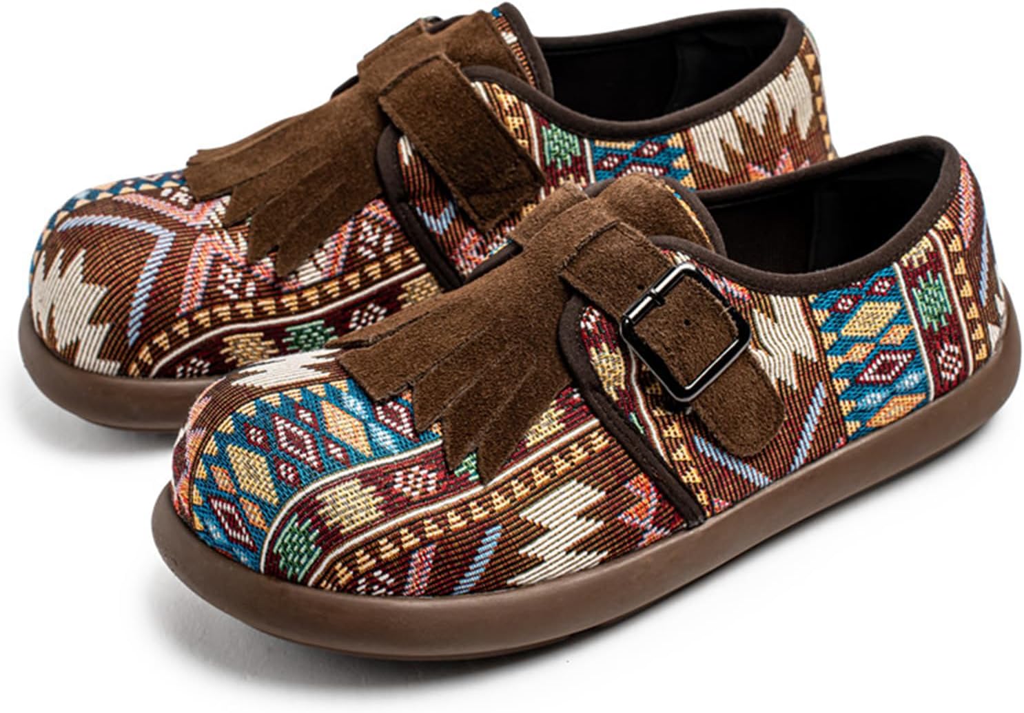 

Ретро мужские лоферы-пенни с племенным принтом, мокасины на толстой подошве, бохо стиль, текстильные с бахромой и ремешком с пряжкой, многоцветный узор, удобная обувь для ходьбы, широкая посадка Dacnakby, коричневый