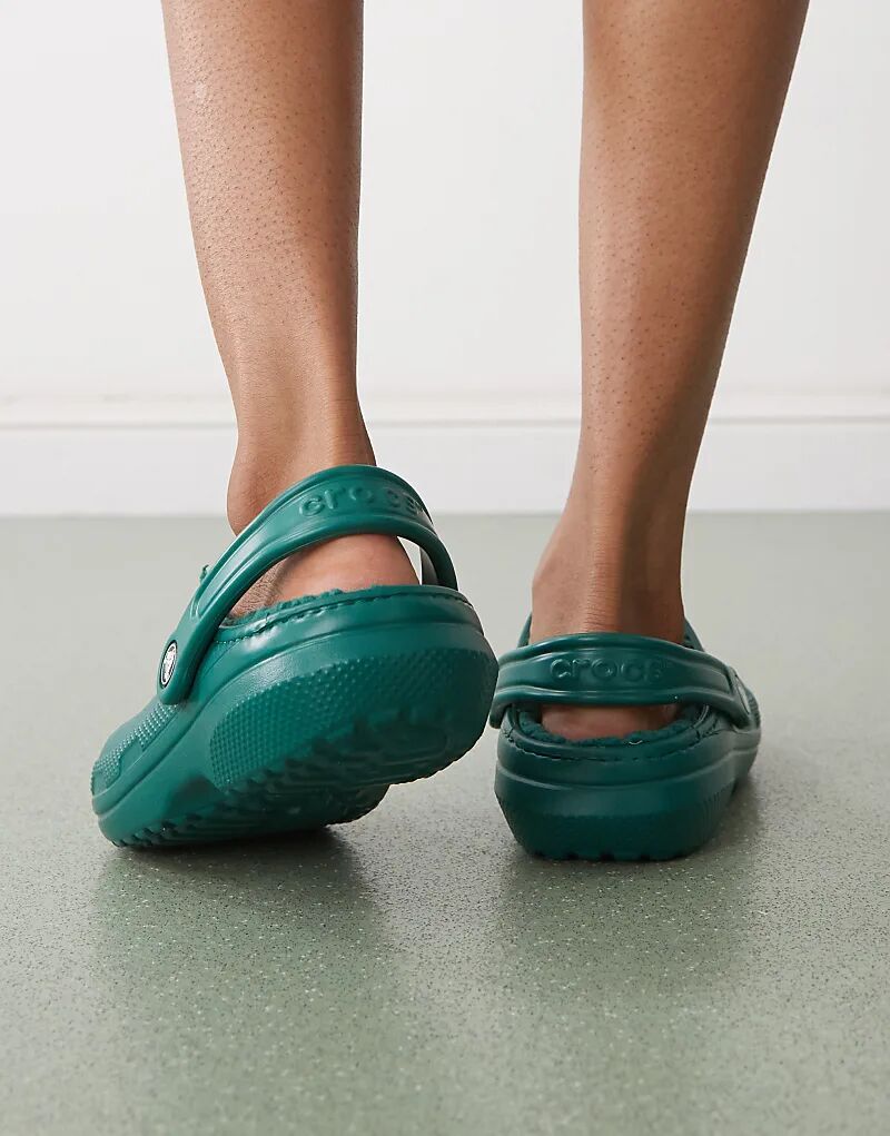 Сабо Crocs Unisex Classic на флисовой подкладке темно-изумрудно-зеленого цвета — фото 4
