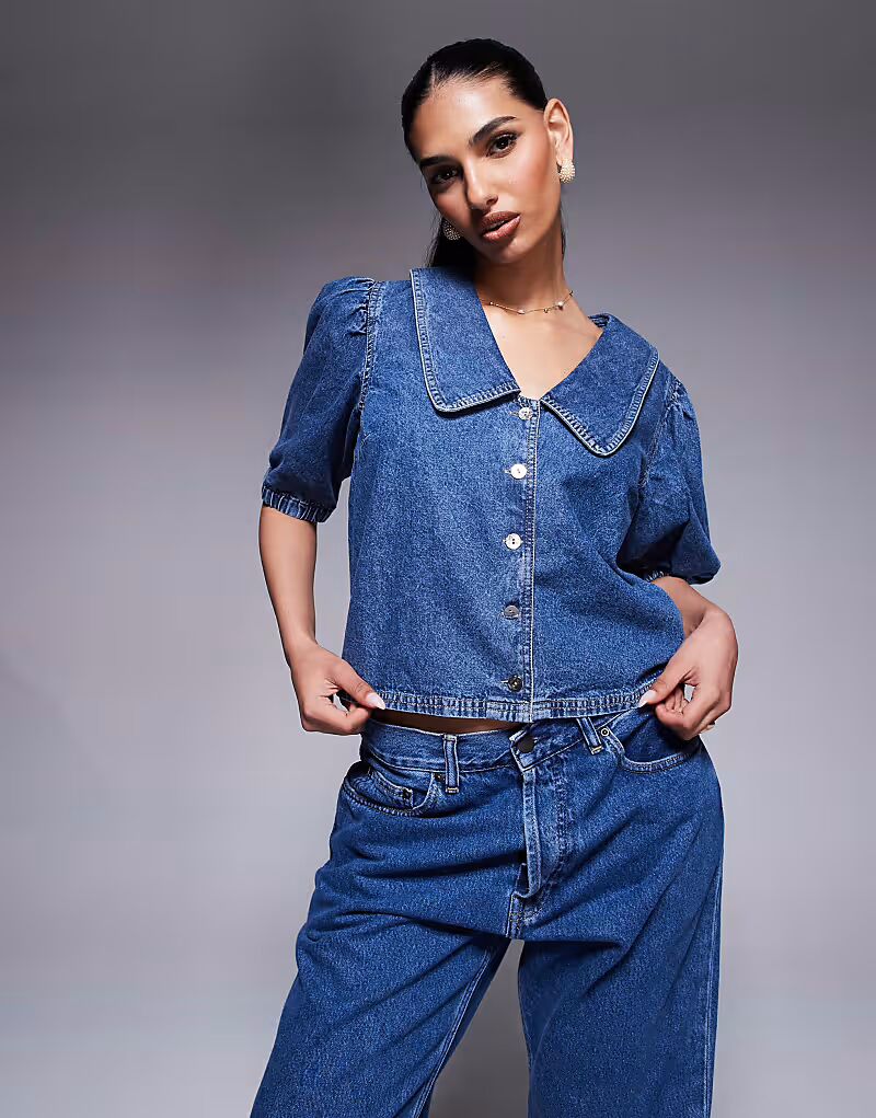 

Джинсовый топ River Island с рукавами-фонариками в цвете средне-синего оттенка