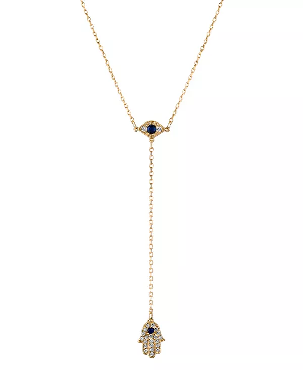 

Y-Образное ожерелье с хамсой и синим кубическим цирконием от сглаза Unwritten, gold