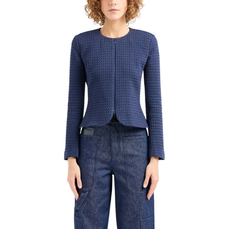 Вязаная куртка с вафельным узором, молнией и баской EMPORIO ARMANI, Midnight Blue — фото 4