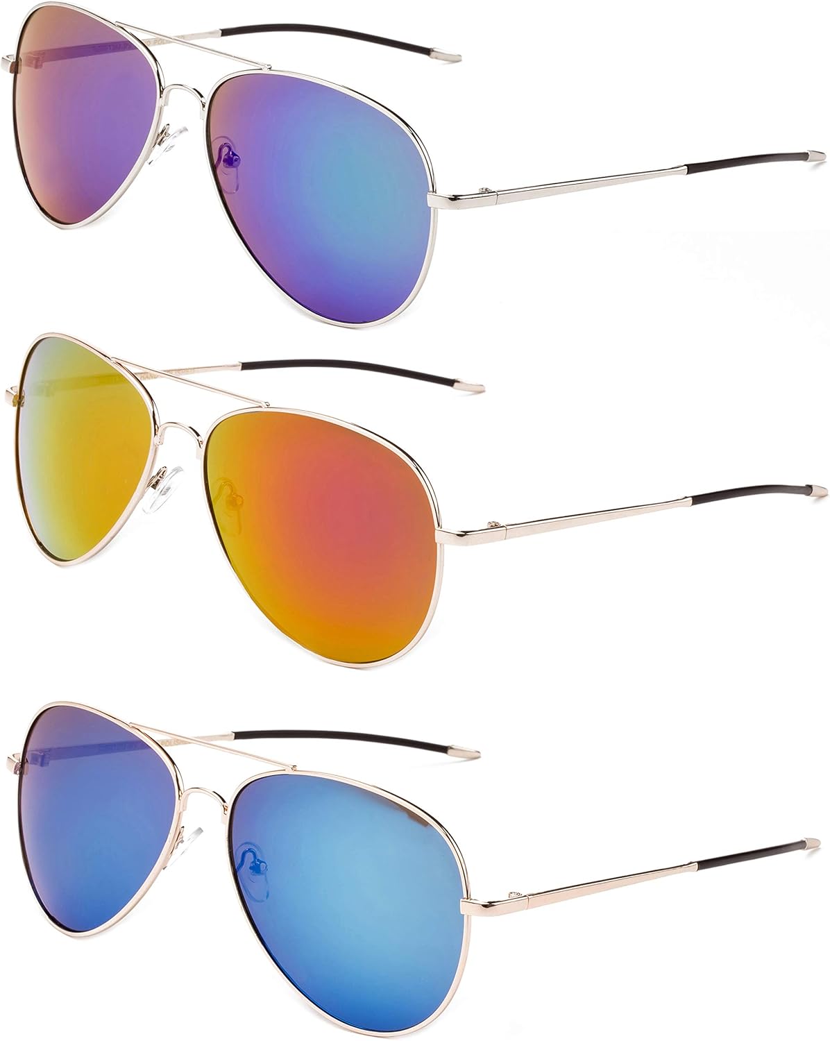 

Комплект из 3 металлических солнцезащитных очков-авиаторов Newbee Fashion с широкой оправой для мужчин и женщин, зеркальные линзы с защитой от УФ-излучения UV400, тонкие резиновые наконечники, 3 Pack Orange, Green & Blue