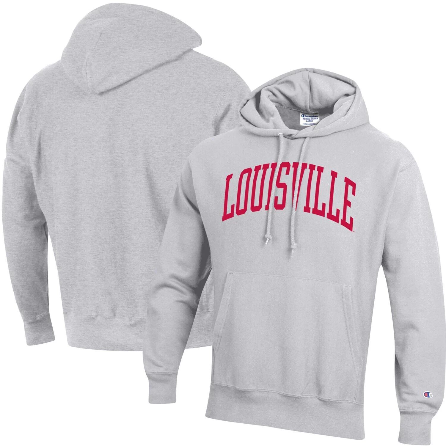 

Мужской серый пуловер с капюшоном Louisville Cardinals Team Arch обратного плетения с принтом меланжевого цвета Champion
