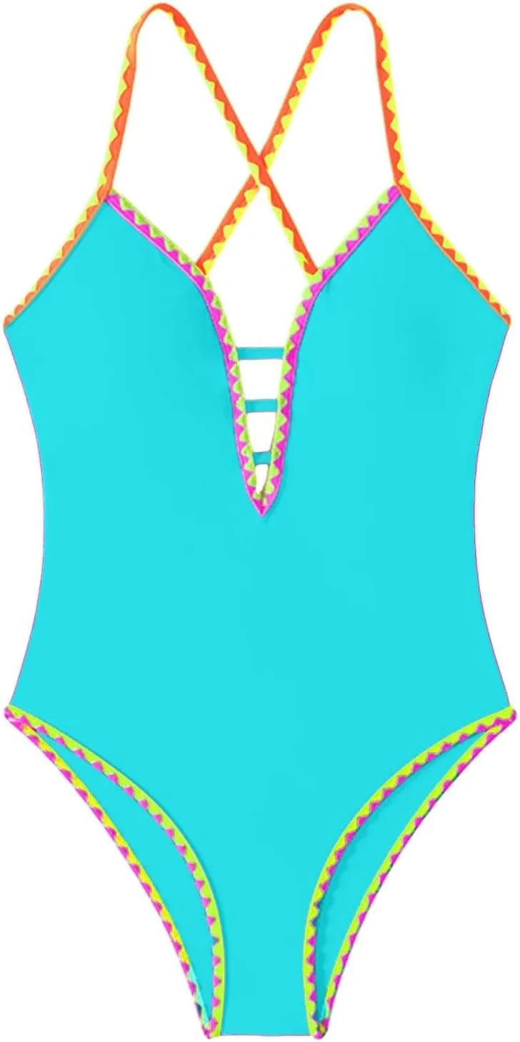 Купальник для женщин Neon Color Block с эффектом контроля живота, V-образным вырезом, сексуальный, с отделкой ракушкой и рецербеком Generic, синий — фото 4