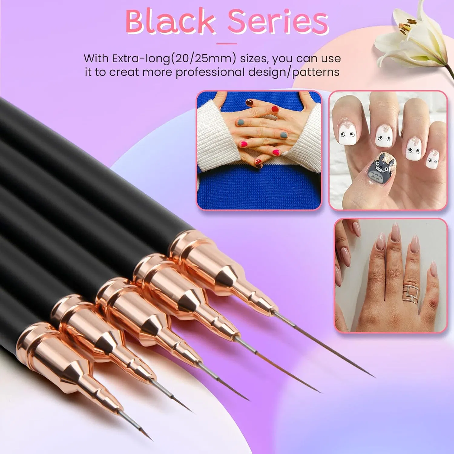 Набор тонких кистей для нейл-арта LEA-SHALL, 5 шт. Lea-Shall, 5 Pieces Black Series 5/8/12/20/25 Mm — фото 4
