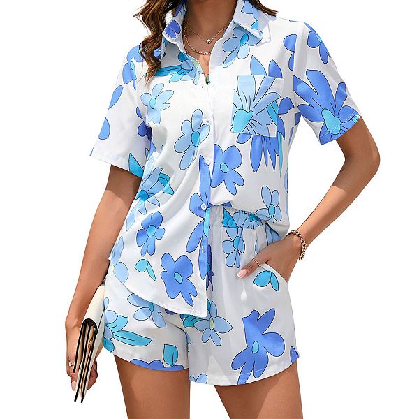 

Женский комплект с принтом: футболка с коротким рукавом и шорты Clearflower, Blue White