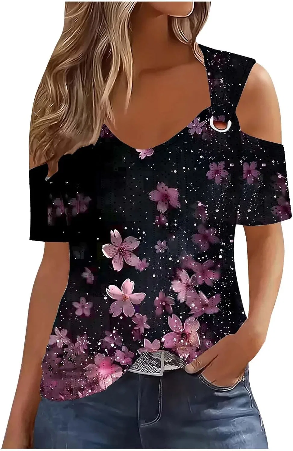 Блуза с открытыми плечами, ажурная, короткий рукав, мультиколор 11a-multicolor