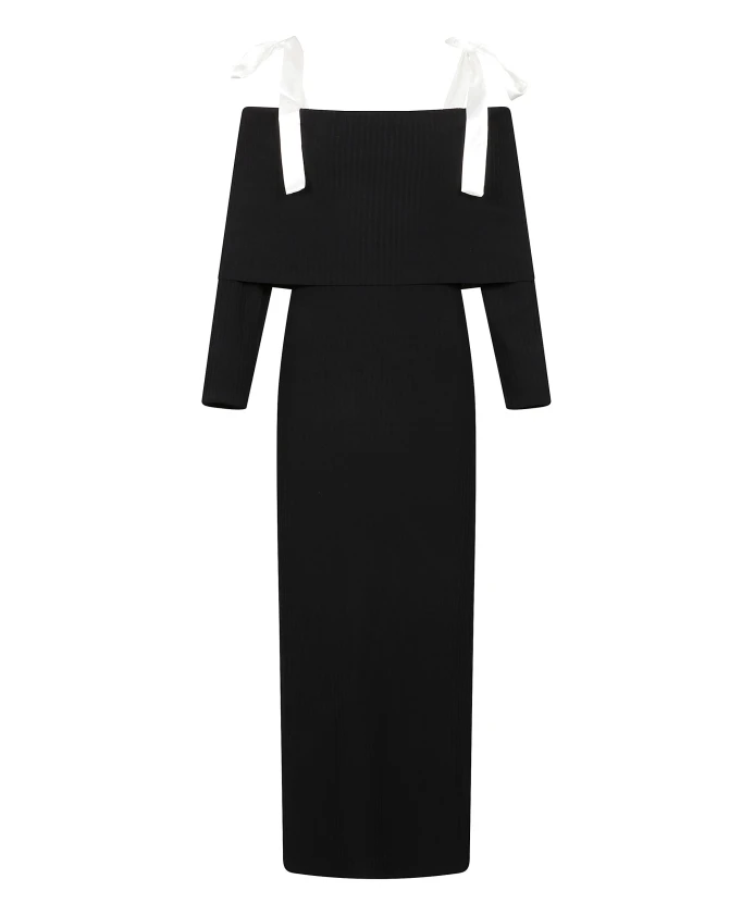 

Длинное черное платье с бантами на плечах Rotate Birger Christensen, черный