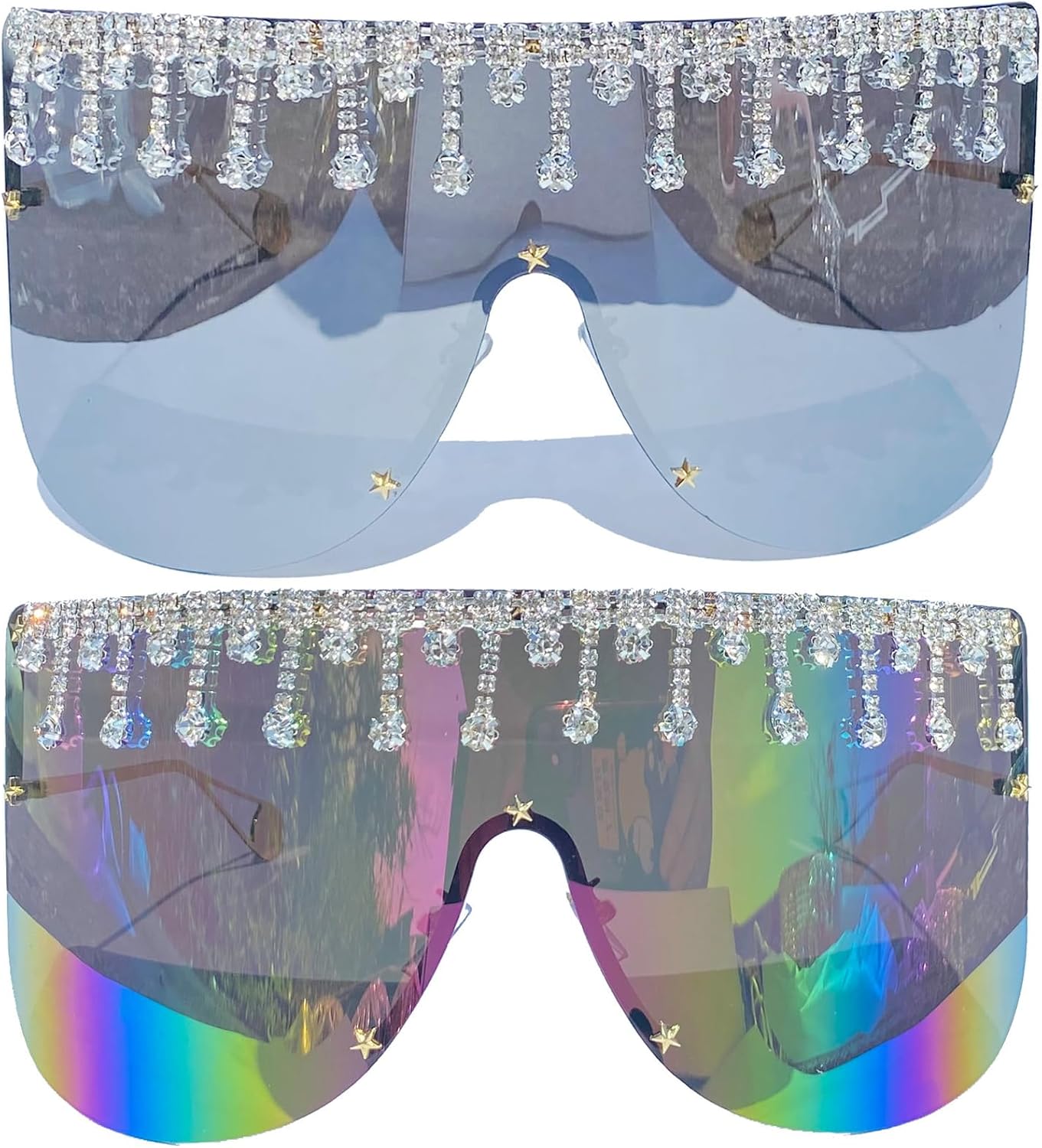 

Большие цельные солнцезащитные очки с кисточками для женщин, модные солнцезащитные очки со стразами и кисточками, украшенные кристаллами и бриллиантами, для вечеринок mincl, 2pcs-silver&colorful