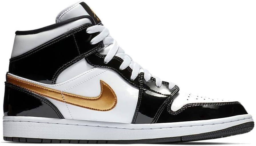 Мужские кроссовки NIKE Air Jordan 1 Mid SE Patent, Black Metallic Gold White — фото 2