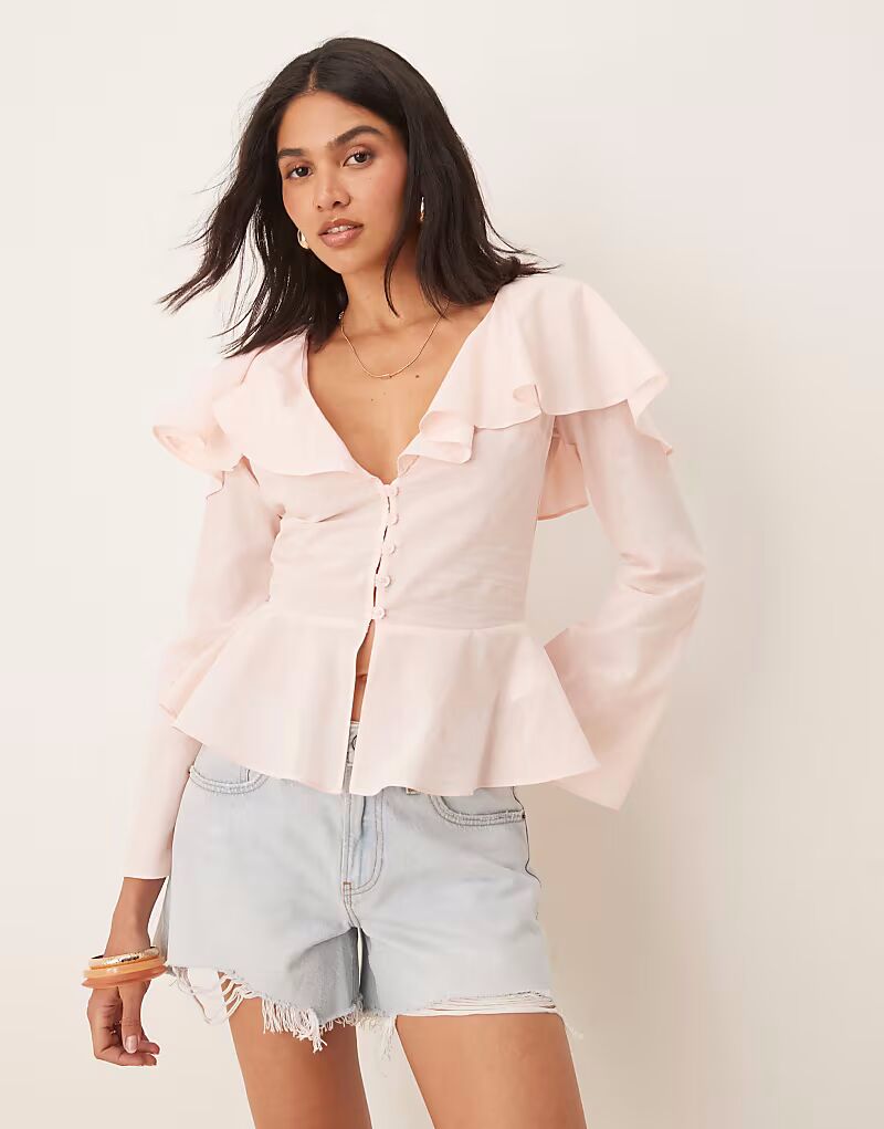 

Блузка ASOS DESIGN с оборками на горловине в стиле прерий светло-розового цвета