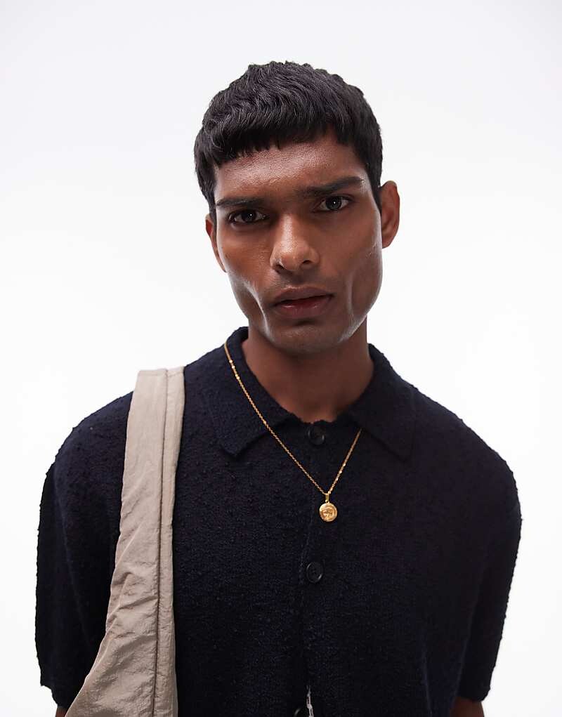 

Темно-синий структурированный вязаный свитер Topman – с планкой на пуговицах