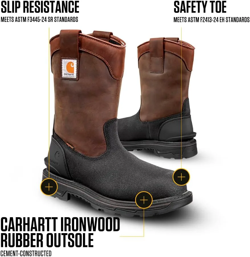

Мужские водонепроницаемые рабочие ботинки Carhartt Ironwood - 11-дюймовые Веллингтоны из кожи с нефтяной обработкой с защитой от электрического тока и противоскользящими подошвами, коричневый/черный