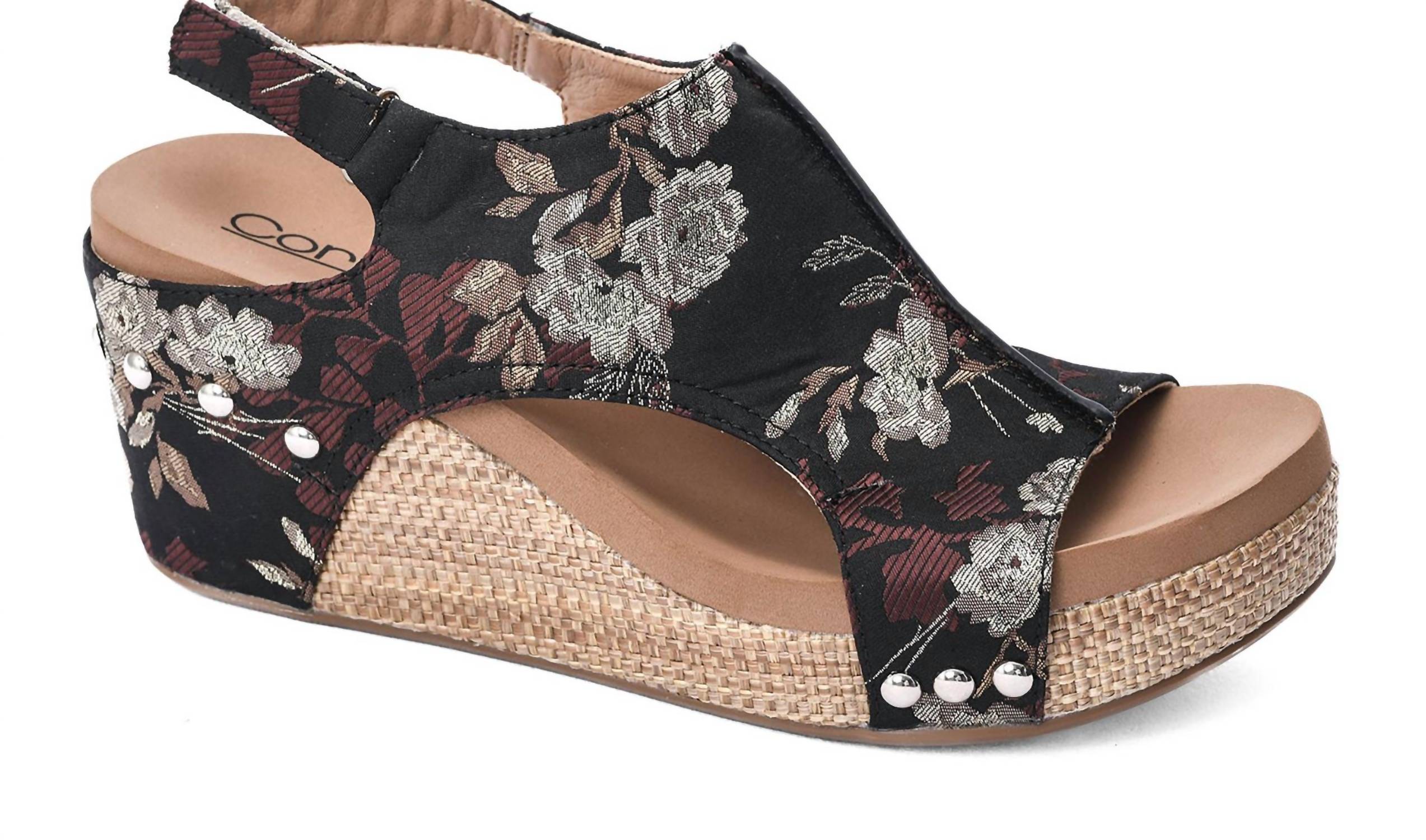 Женские босоножки Carley на клинье в черно-бежевом цветочном принте Corkys Footwear