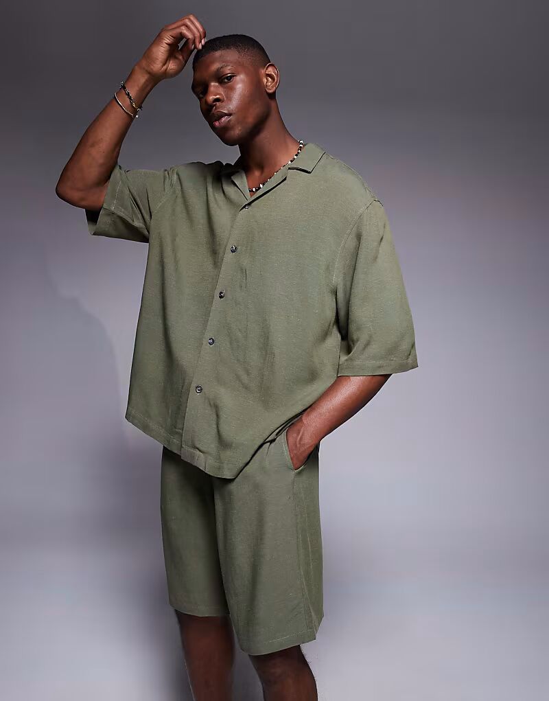 

ASOS DESIGN coord свободная рубашка из льна revere зеленого цвета