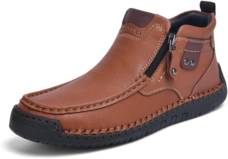 

Мужские кожаные ботинки до щиколотки, стиль мокасин, без шнуровки с боковой молнией, доступны в коричневом, темно-коричневом и черном цветах, удобная повседневная обувь для ходьбы Generic