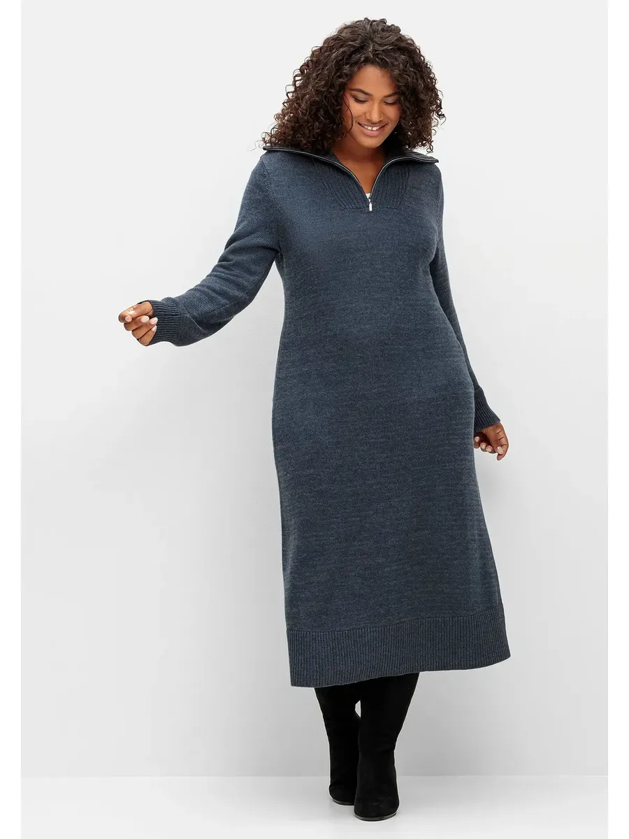 

Трикотажное платье Sheego "Большие размеры", длина миди, с воротником Тройер, синий