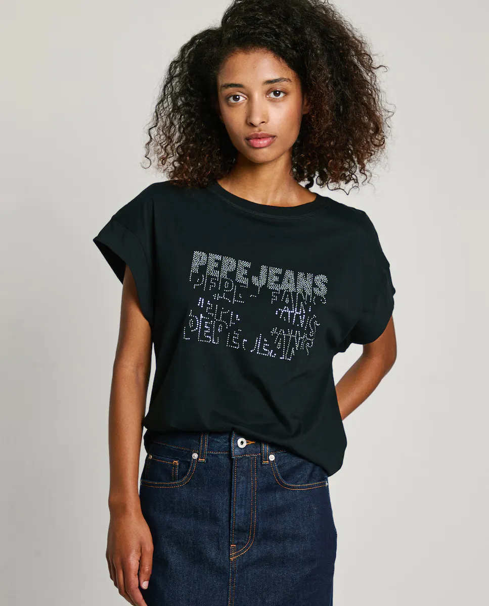 

Женская футболка с коротким рукавом и логотипом из стразов Pepe Jeans, черный