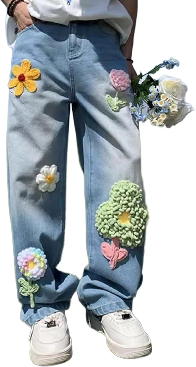 

Багги джинсы с цветочной вышивкой y2k, straight wide leg