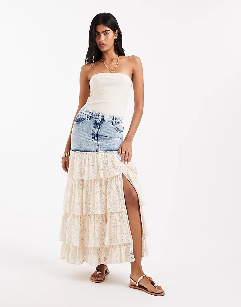 

Юбка макси из джинсовой ткани Miss Selfridge с контрастным кружевом, средне-синего цвета