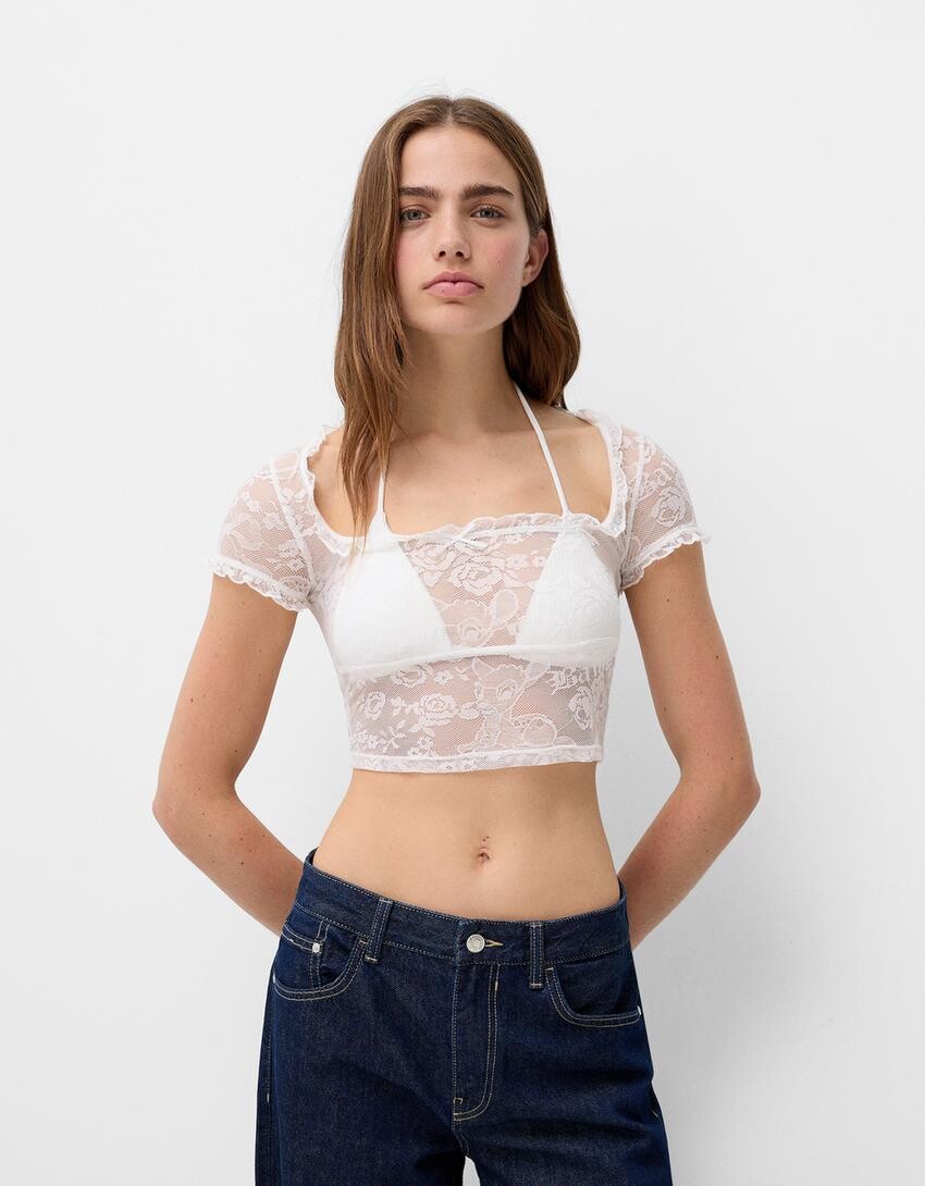 

Футболка disney bambi с короткими рукавами и кружевом светлого оттенка Bershka, белый