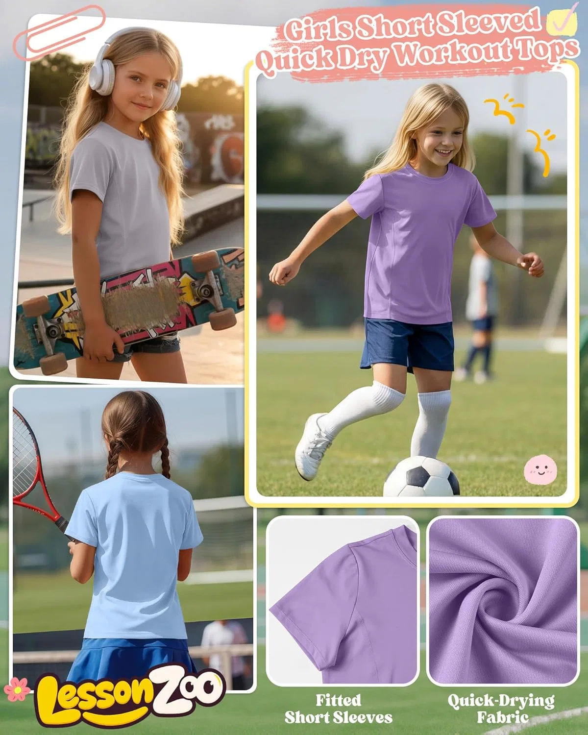 Детская спортивная футболка с коротким рукавом LessonZoo, набор 4 шт, Taro Purple, Light Blue, Light Gray, Mint Green — фото 4
