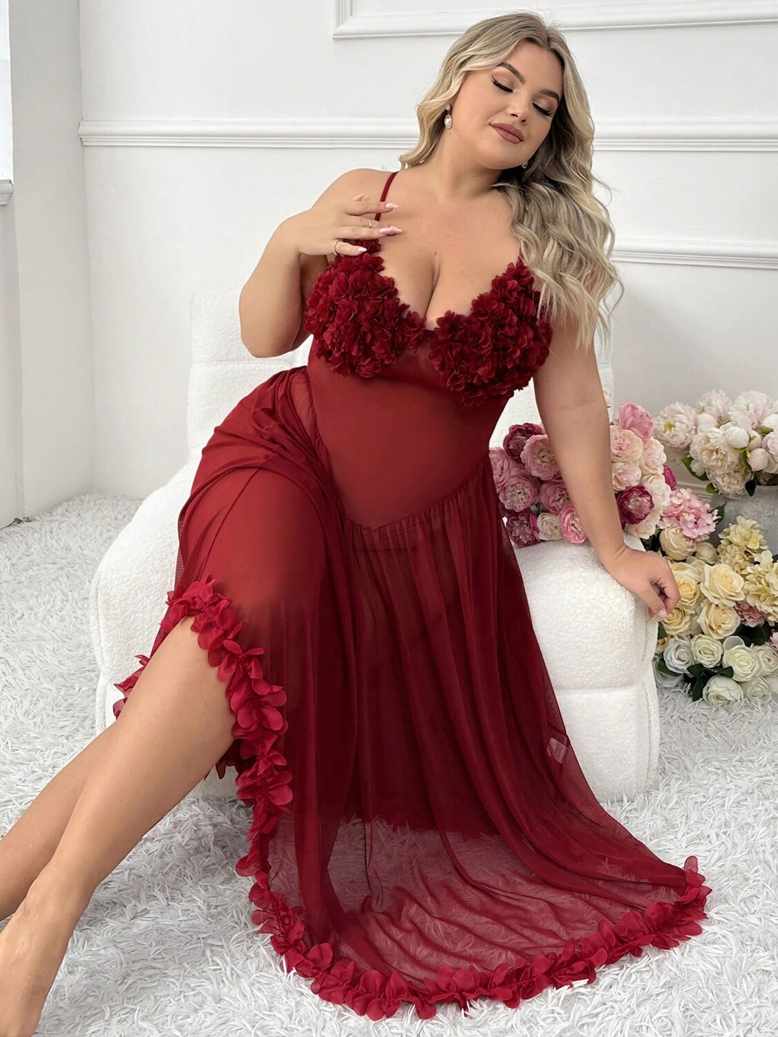 

Сексуальное ночное платье, ткань Midz, косой крой, объемная цветочная вышивка, очень большой размер, длинное платье, белый/бордовый