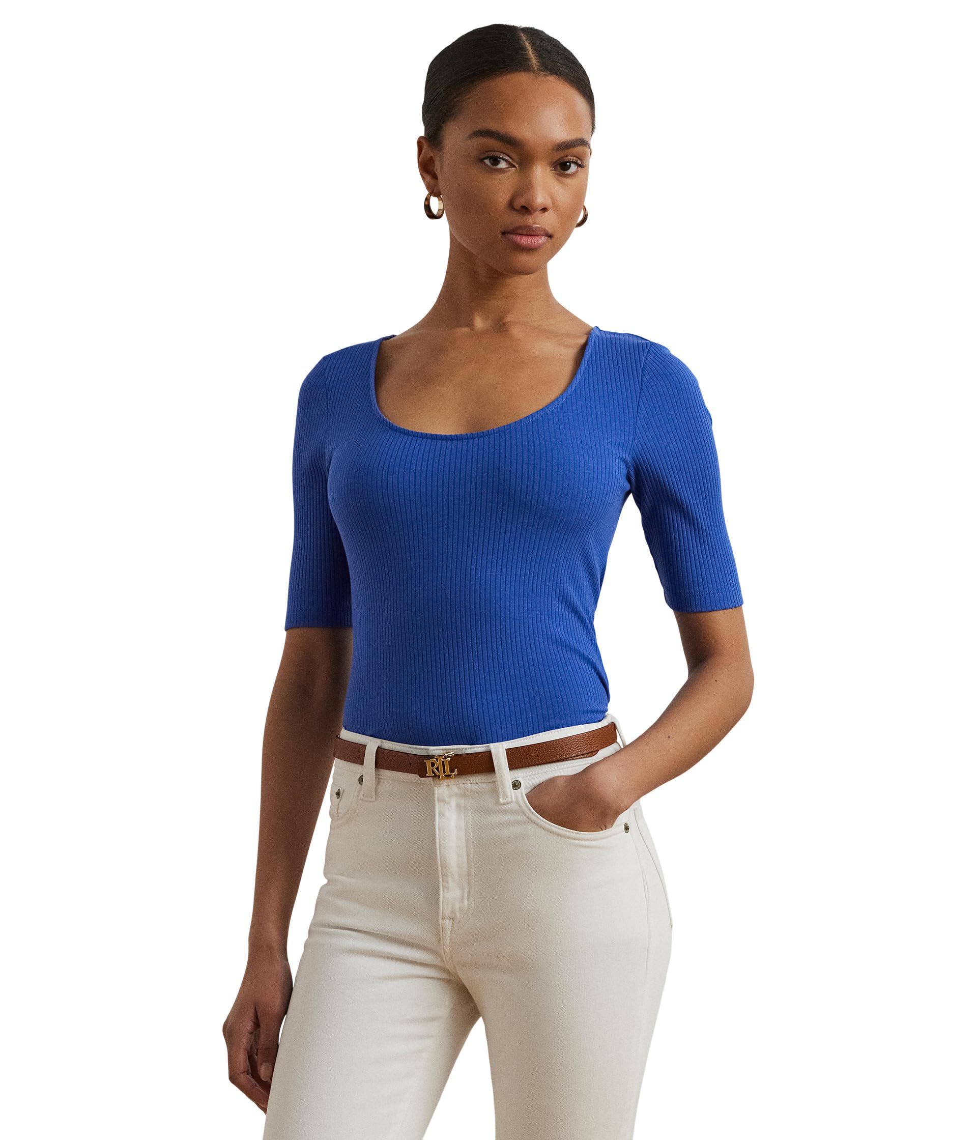 

Футболка Lauren Ralph Lauren Rib-Knit Cotton-Blend Elbow-Sleeve Tee, Blue Lapis