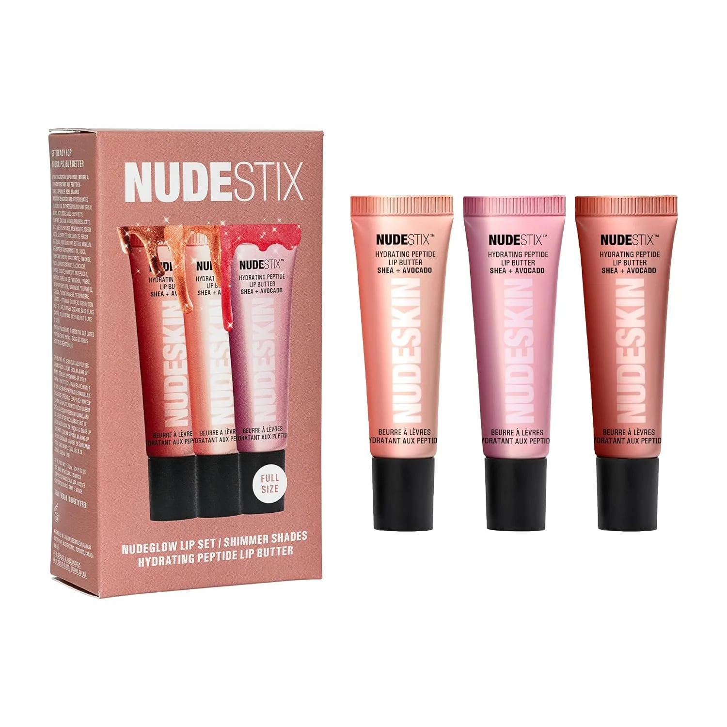 Nudestix Hydrating Peptide Lip Butter - блестящий бальзам для губ с авокадо, маслом ши и 2% пептидами для увлажнения и объема, Vanilla Sprinkle, Rose Sparkle, Mocha Magic