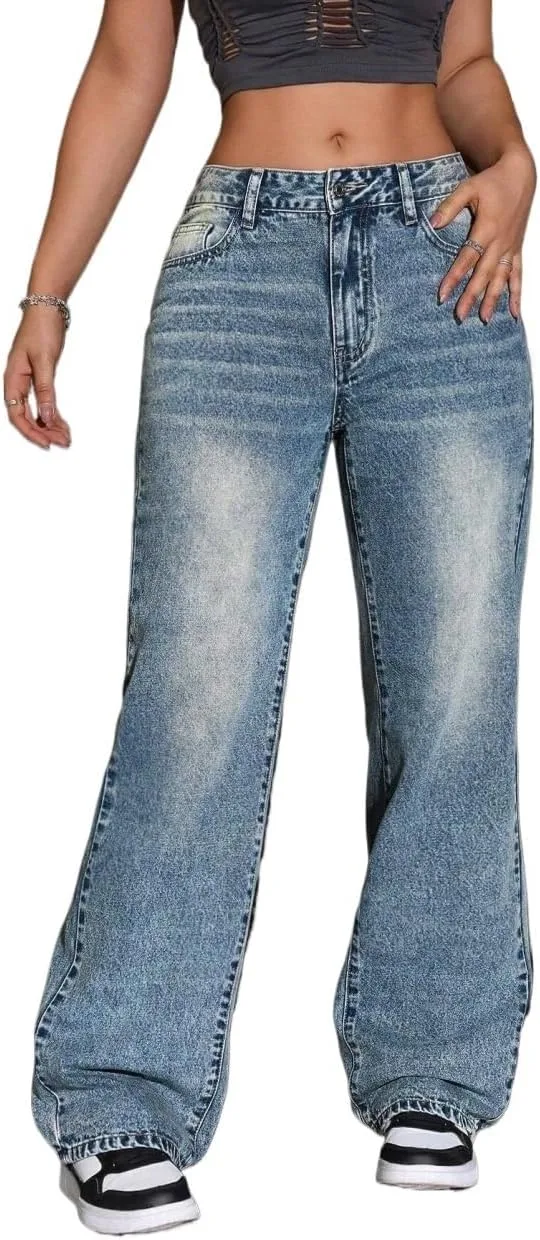 Женские классические джинсы с низкой посадкой, потертые, прямые Generic, Medium Wash