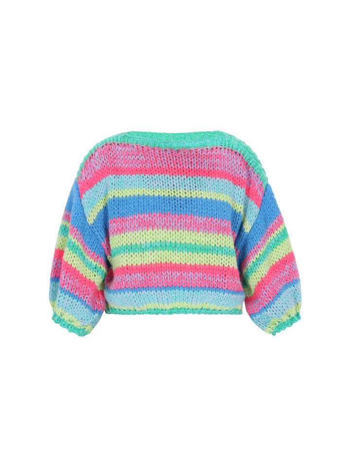 

Женский свитер синего цвета с разноцветными вставками myMo