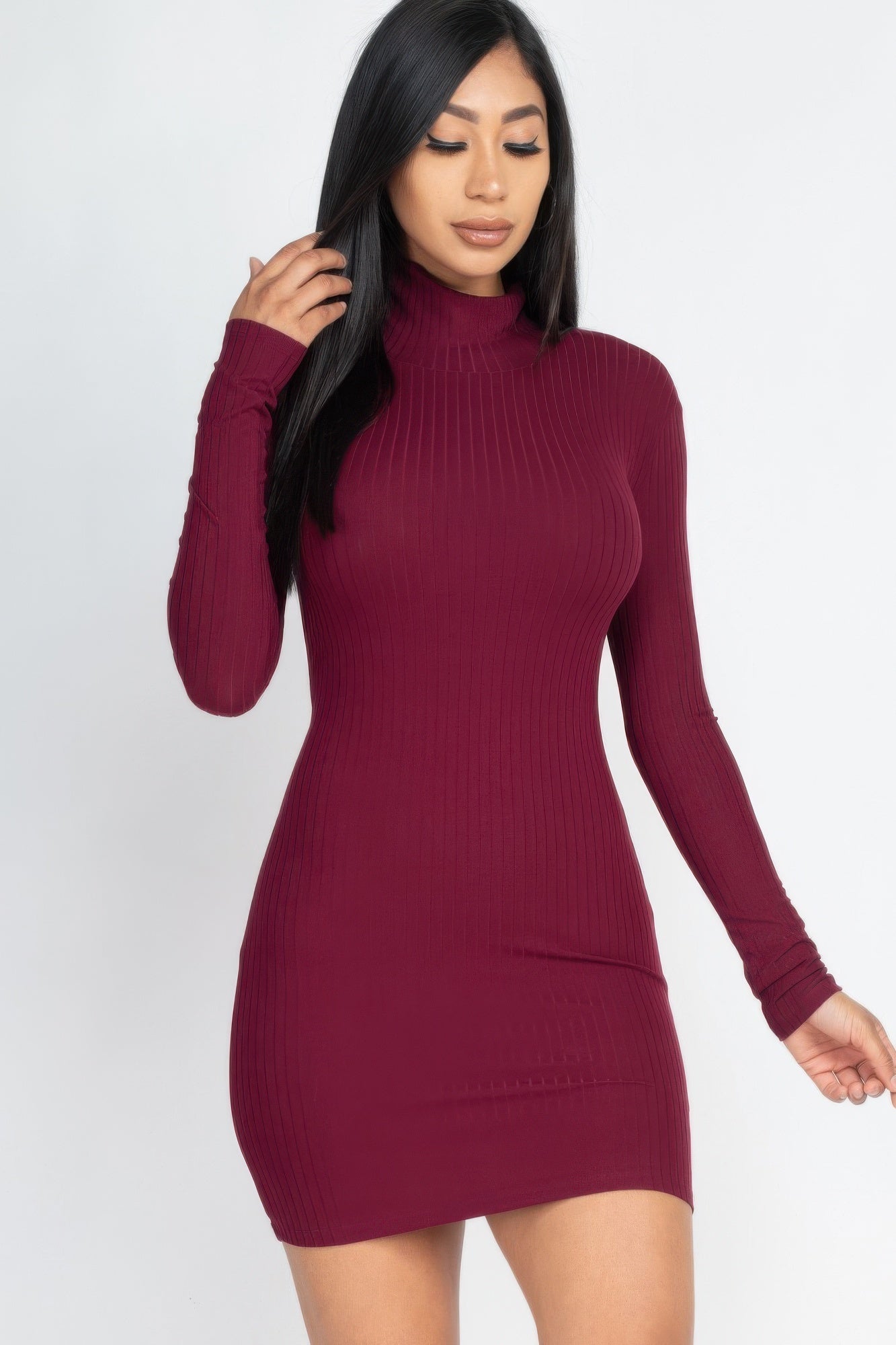 

FASHNZFAB женское облегающее мини-платье с ребристым воротником, цвет burgundy