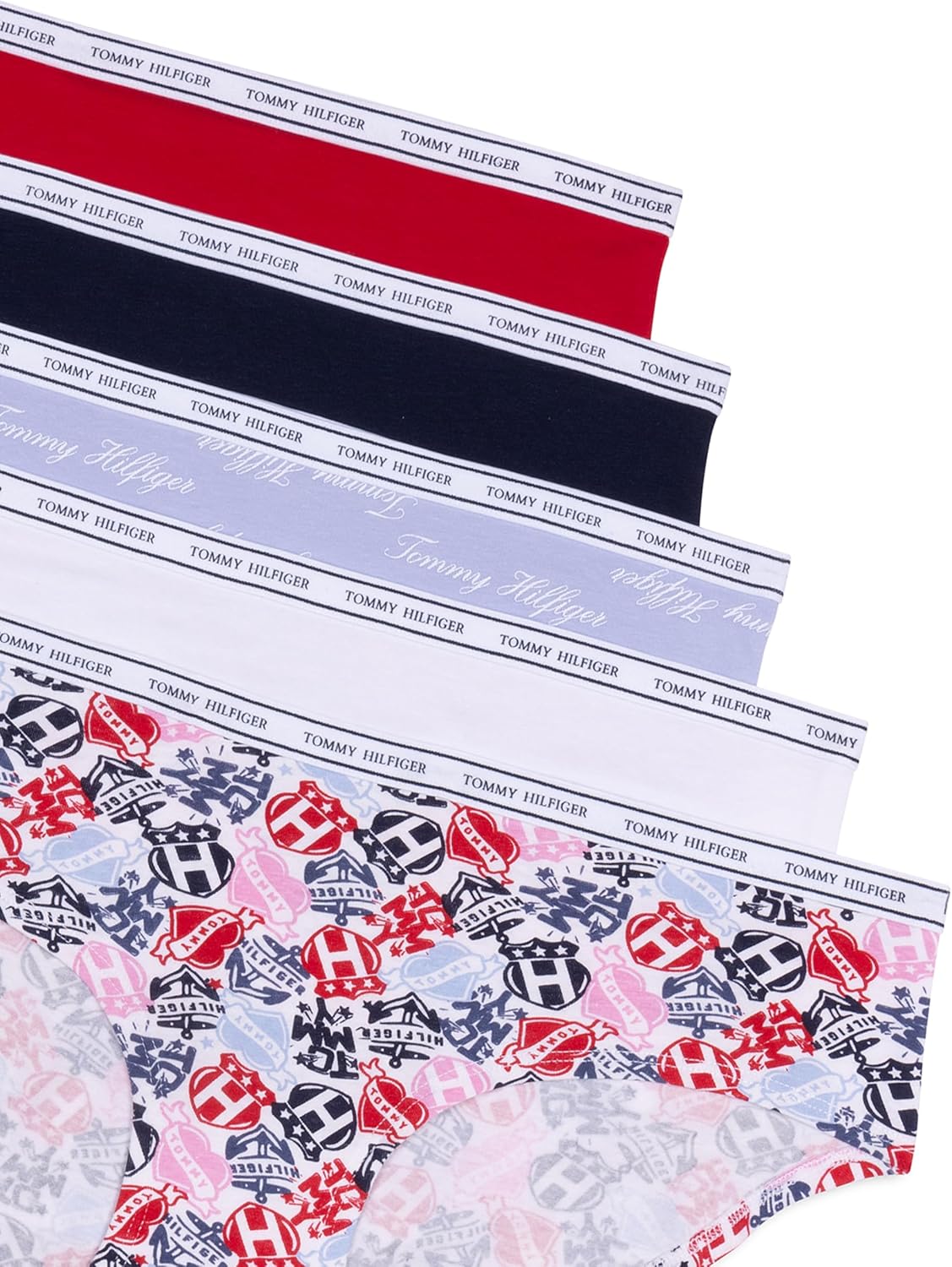 Женские классические хлопковые трусы-хипстеры Tommy Hilfiger с логотипом на поясе, упаковка 5 пар, Tattoo Elements Bright White/Bright White/Brunerra Blue Th Calligraphy/Heather Grey/Apple Red — фото 2