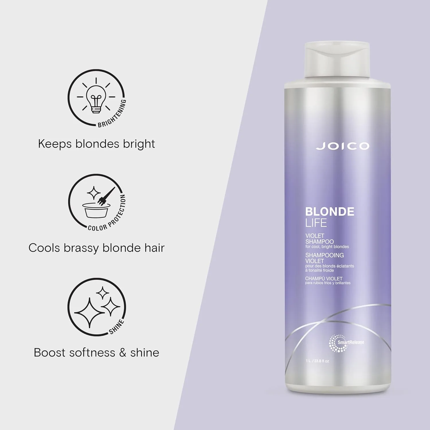 Joico Blonde Life Violet шампунь и кондиционер для холодных и ярких блондинок, нейтрализует медные и желтые оттенки, усиливает блеск, без сульфатов, с маслом монои и таману — фото 2