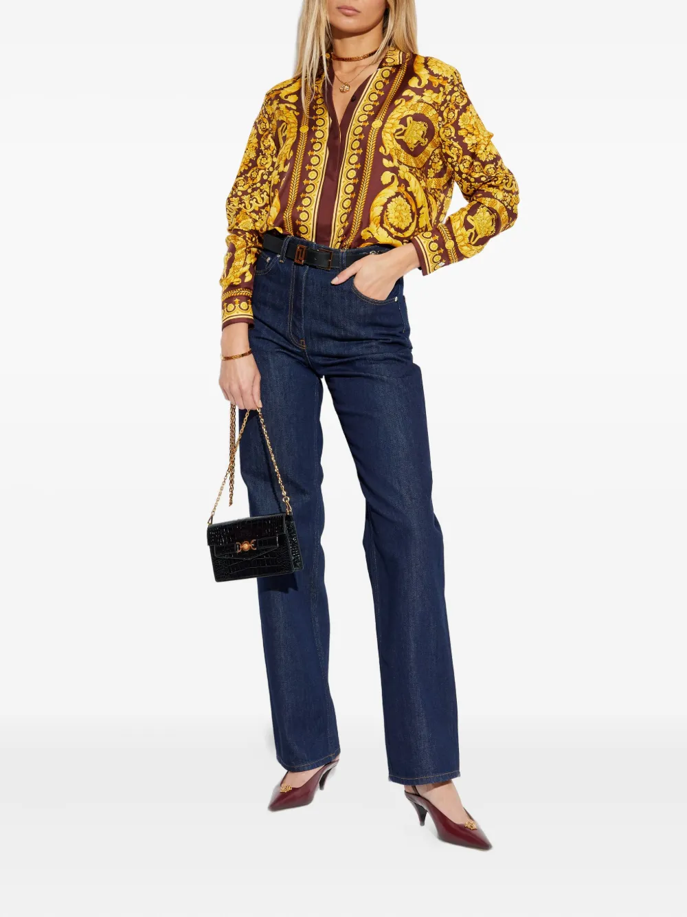 Шелковая блузка с цветочным принтом Versace, коричневый — фото 2