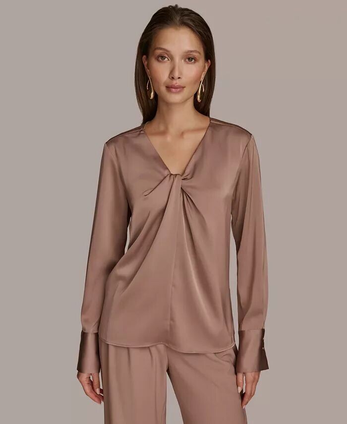 

Женский топ с V-образным вырезом и длинными рукавами Donna Karan New York, коричневый