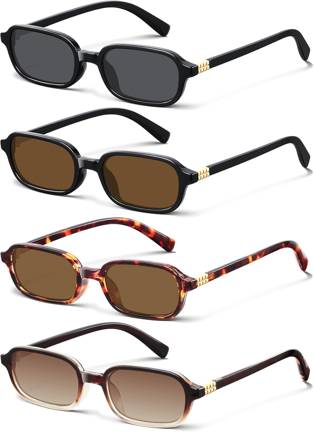 

KUGUAOK 4PACK Ретро прямоугольные солнцезащитные очки для женщин, модные маленькие, в стиле 90-х, Y2K, квадратные солнцезащитные очки с защитой от УФ-излучения, дорожные очки, 5197-black+leopard+black Tea+gradient Tea Frame