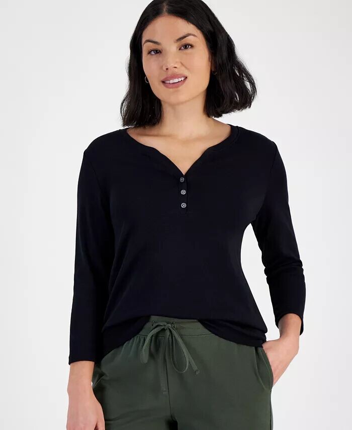 

Миниатюрный хлопковый вязаный топ Henley с рукавами 3/4 Style & Co, черный