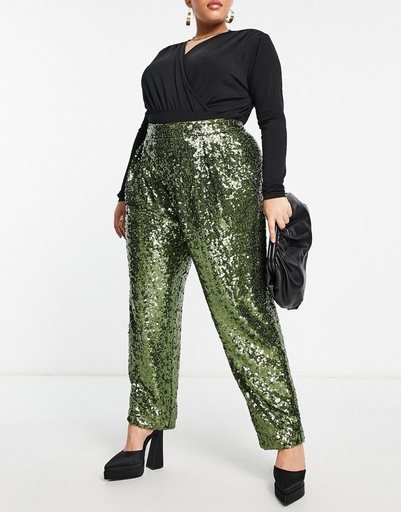 

Брюки цвета хаки с напуском и пайетками ASOS DESIGN Curve