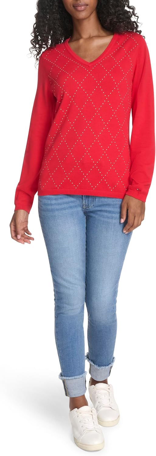 Женский свитер Tommy Hilfiger Hotfix с длинным рукавом и V-образным вырезом, Scarlet — фото 2