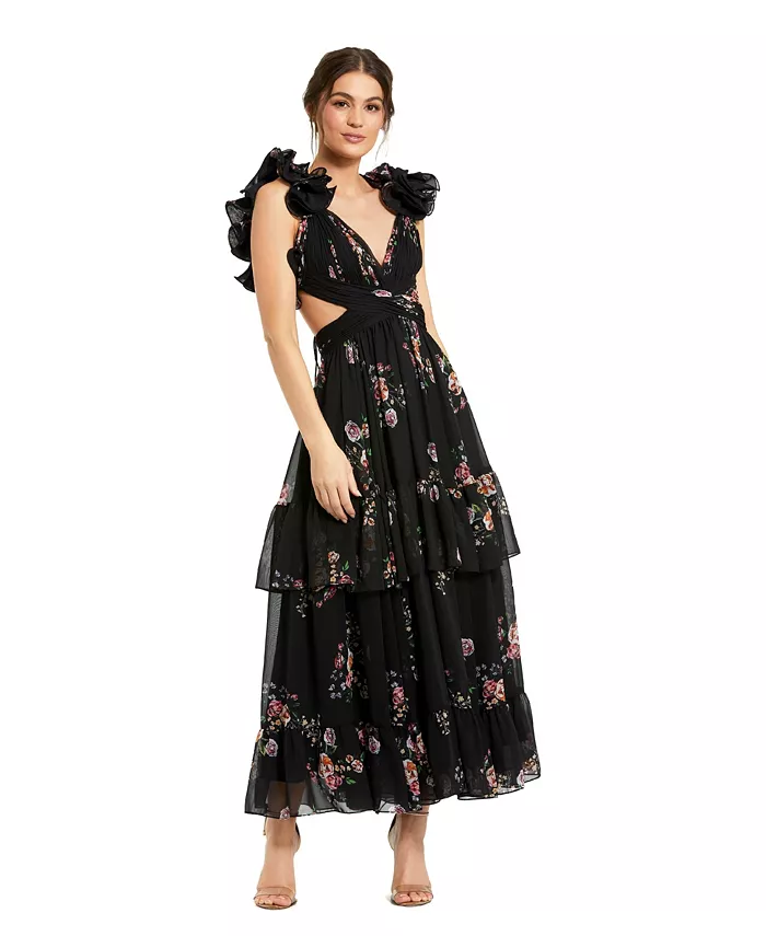 

Женское многоярусное платье из шифона с цветочным принтом и шнуровкой Mac Duggal, черный