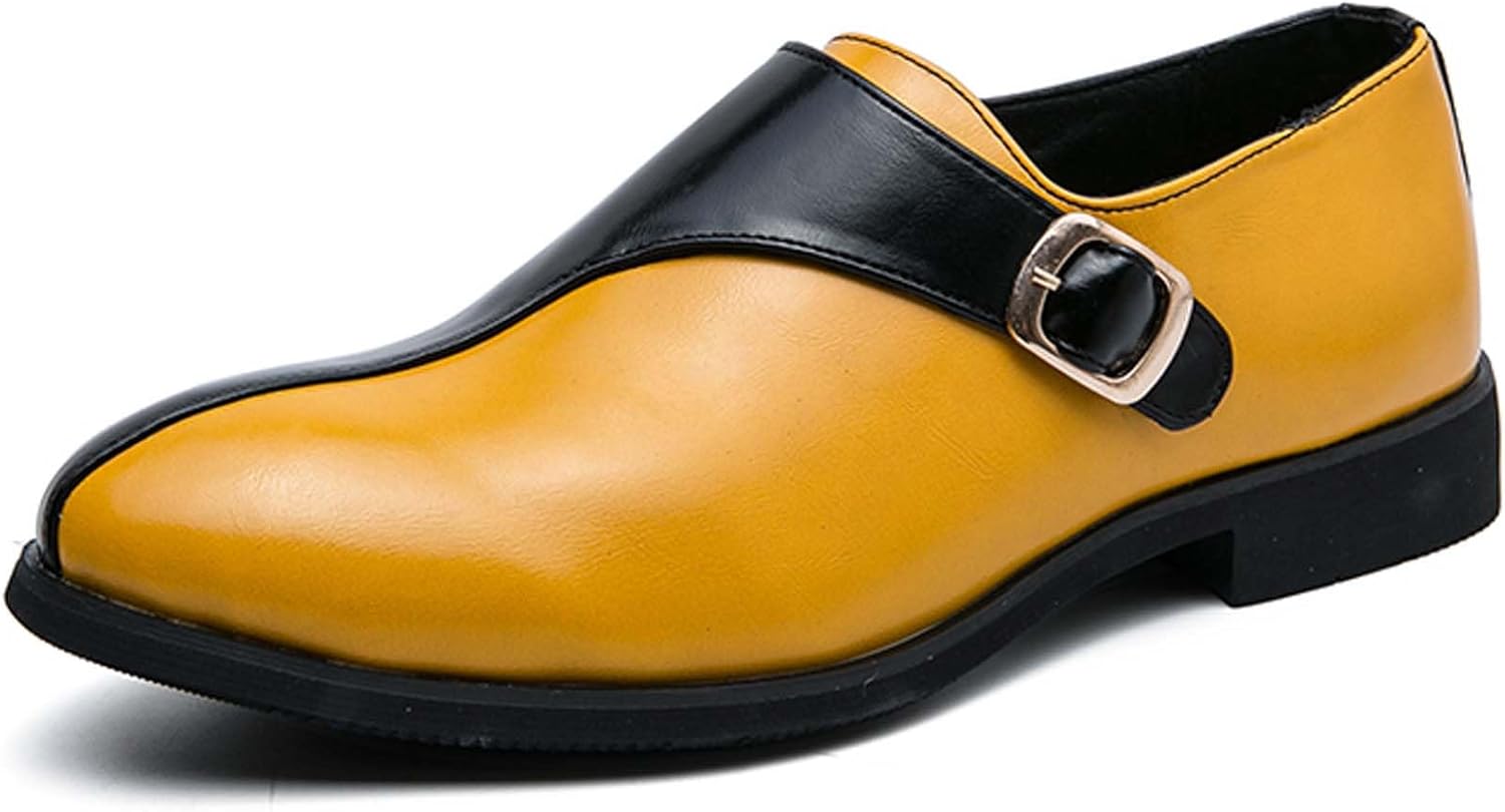 

Мужские классические туфли с острым носком для деловых образов, винтажные кожаные оксфорды, лоферы, повседневные и праздничные туфли, модный верх с комбинированной отделкой и пряжкой Generic, черный/желтый