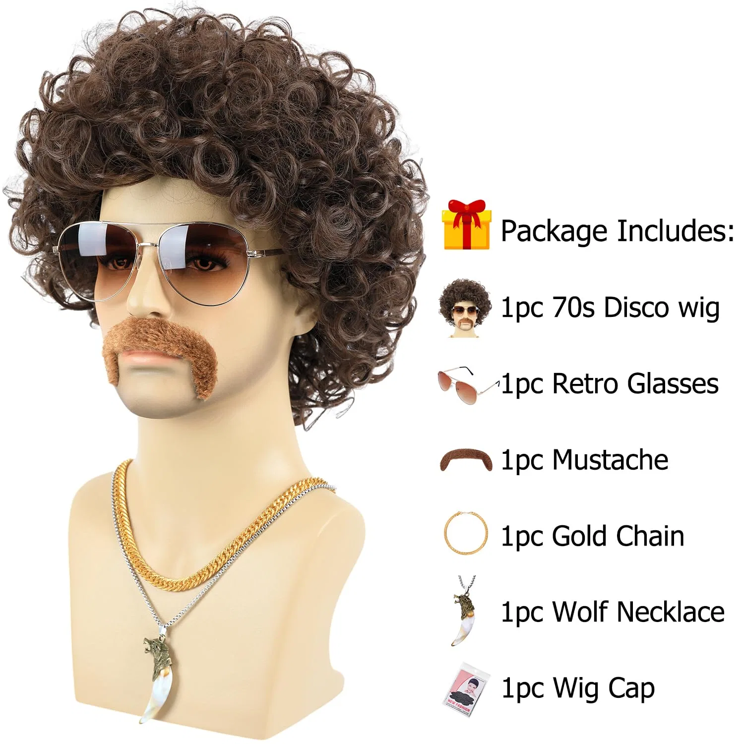Мужской парик «Disco Afro» для вечеринок 70-х 80-х годов Bettecos, Dunkelbraun — фото 3