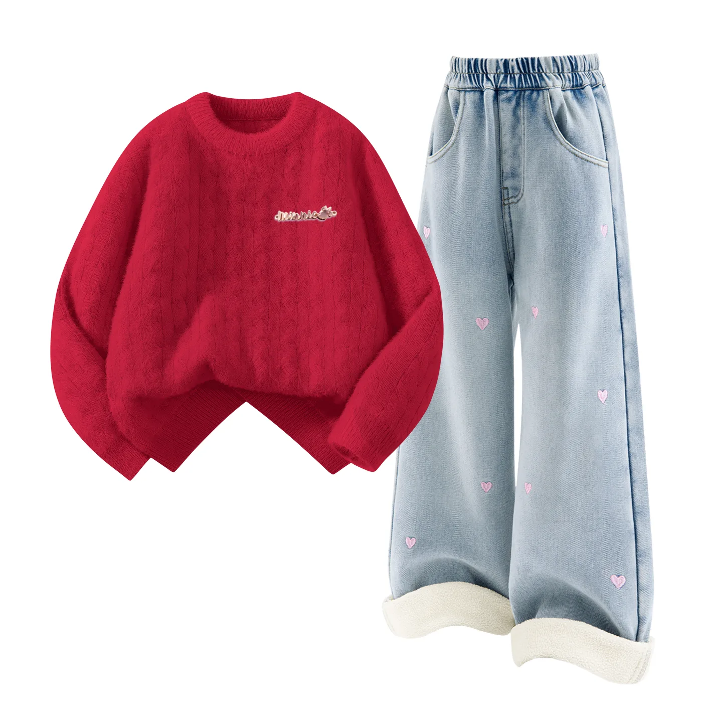 Детская повседневная спортивная футболка с круглым вырезом Disney, [Thickened and Fleece-Lined]Di-Chang Metal Logo K Red+Solid Color Denim Light Blue
