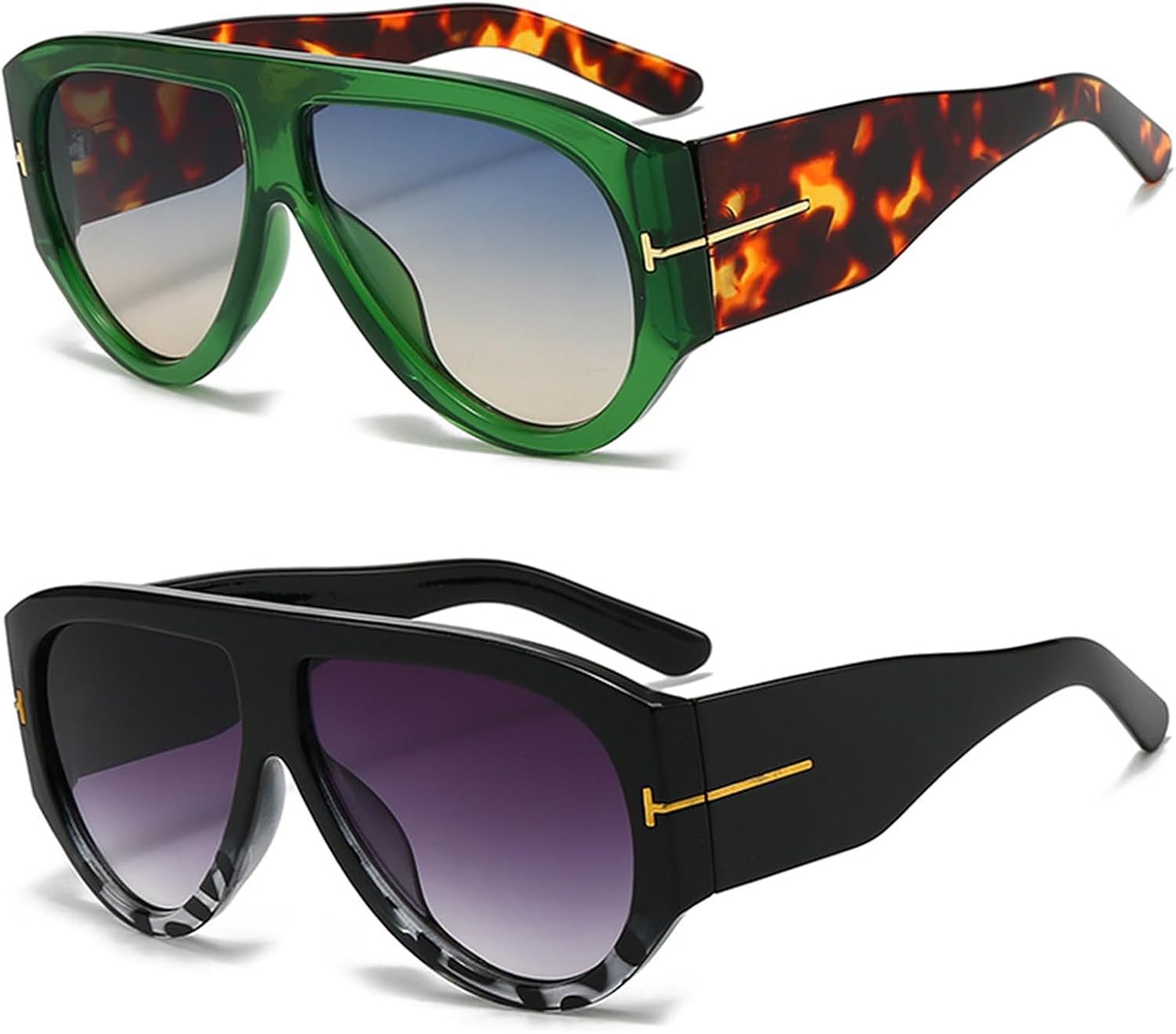 

Модные солнцезащитные очки-авиаторы большого размера для женщин и мужчин, квадратная оправа с толстой рамой, защита от УФ-излучения UV400 QYVEWY, Leopard Green/Black Leo Grey