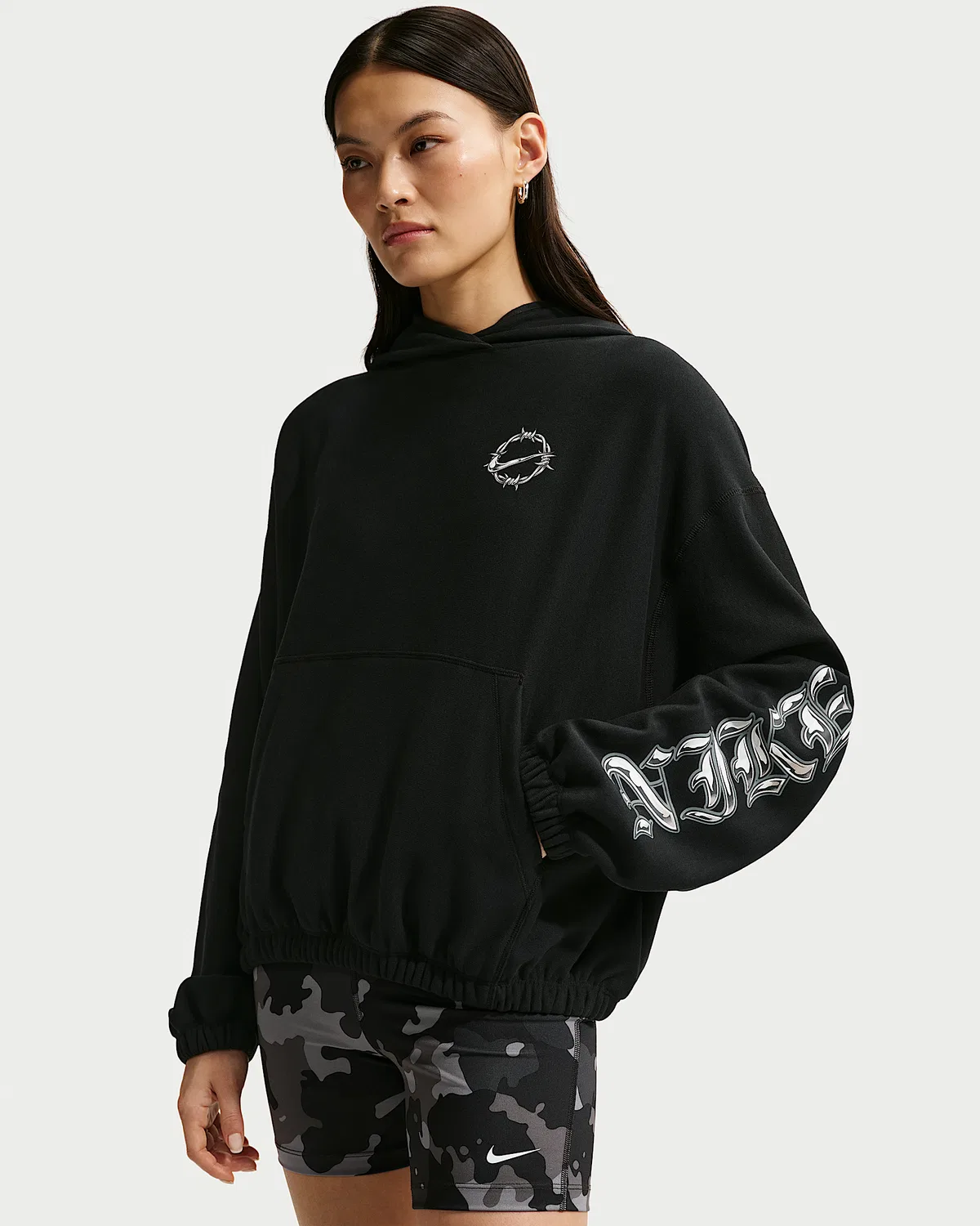Женский оверсайз худи Nike Sportswear с графическим принтом из французского футера, Black/College Grey