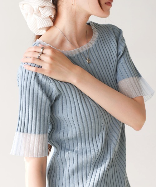 

Прозрачный трикотажный топ с рукавами 3/4 в рубчик Bab, синий