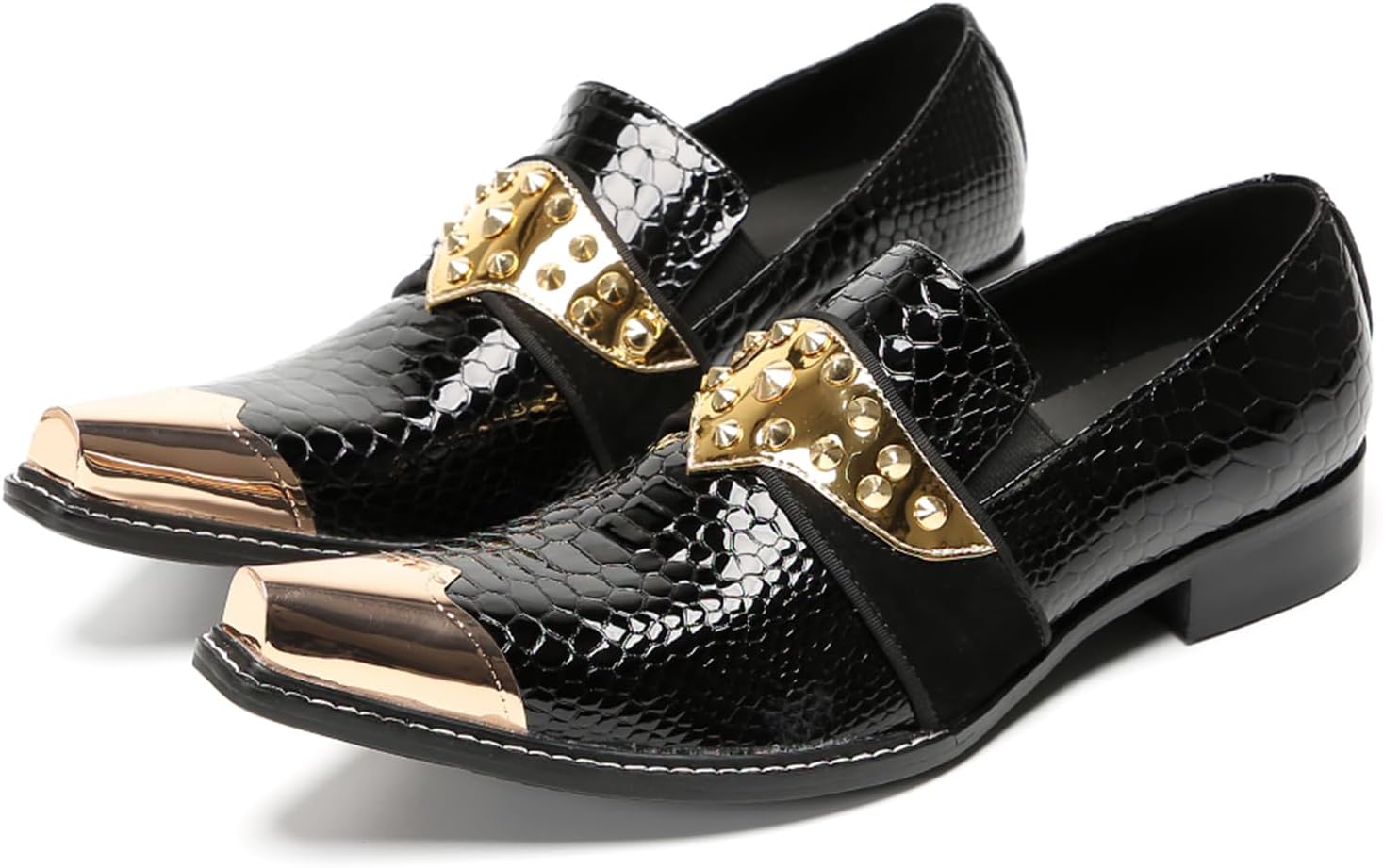 

Мужские лаковые лоферы Dacnakby, роскошные туфли без шнуровки с золотым ремешком с заклепками, черные с тиснением под крокодила и металлическим носком, для свадеб, вечеринок и официальной работы