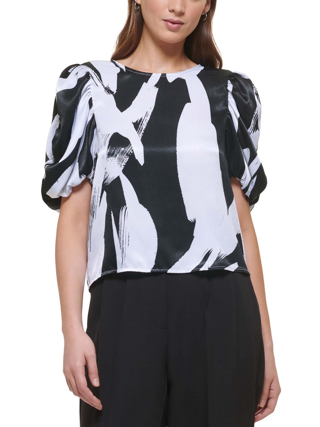 

Женская атласная блузка с пышными рукавами DKNY, цвет White/Black Multi